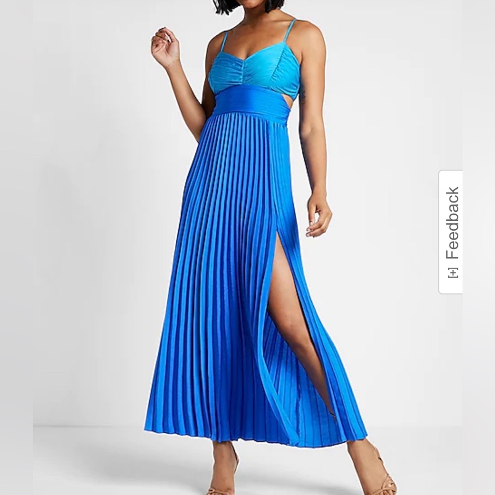 Blue Pleated Color Block Side Cutout Maxi Dress